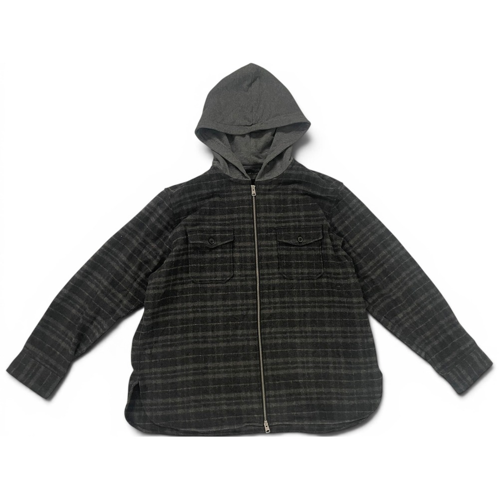 AllSaints Windridge Men's XXL Charcoal Plaid Hooded Zip Shirt Jacket
